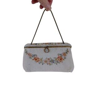 Vtg BIRKSMicrobead Floral Embroidery Designer Purse 1940s White Satin lining